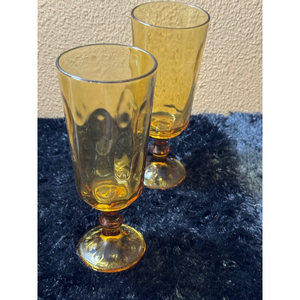Vintage Hazel Atlas Lyric Gold Harvest Amber Optic Stemmed Glasses Set of 2
